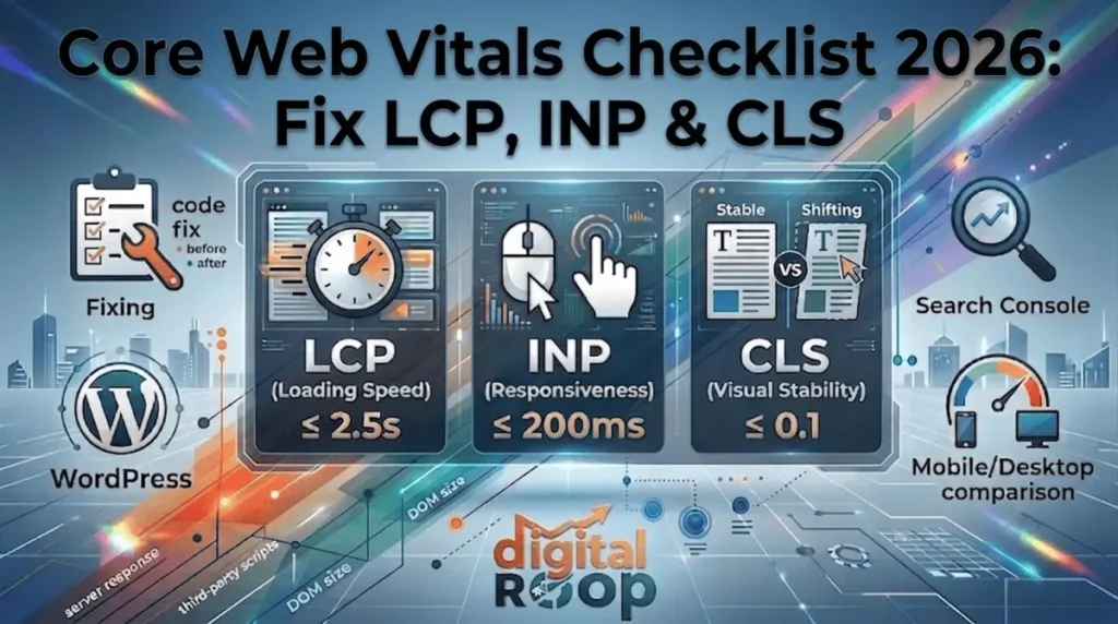 Core Web Vitals Checklist 2026 featured image showing target metrics for LCP (