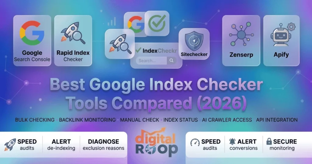 Digital Roop guide comparing top Google index checker tools including Google Search Console, Rapid Index Checker, IndexCheckr, Sitechecker, Zenserp, and Apify.