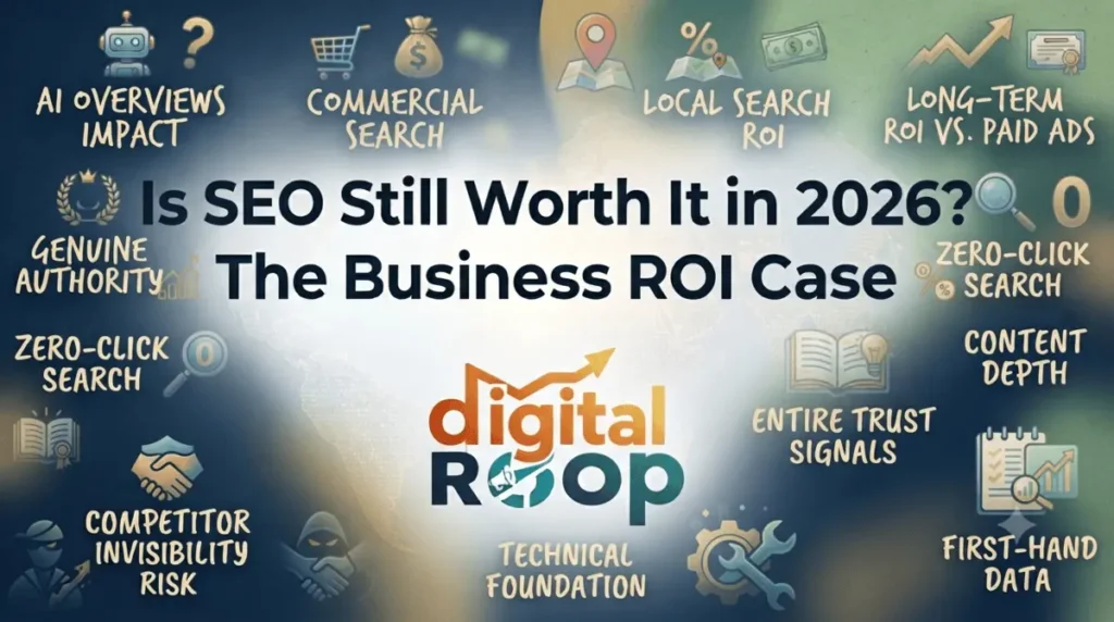 Infographic asking Is SEO Still Worth It in 2026? The Business ROI Case, featuring digital marketing concepts like AI overviews, commercial search, and long-term ROI.