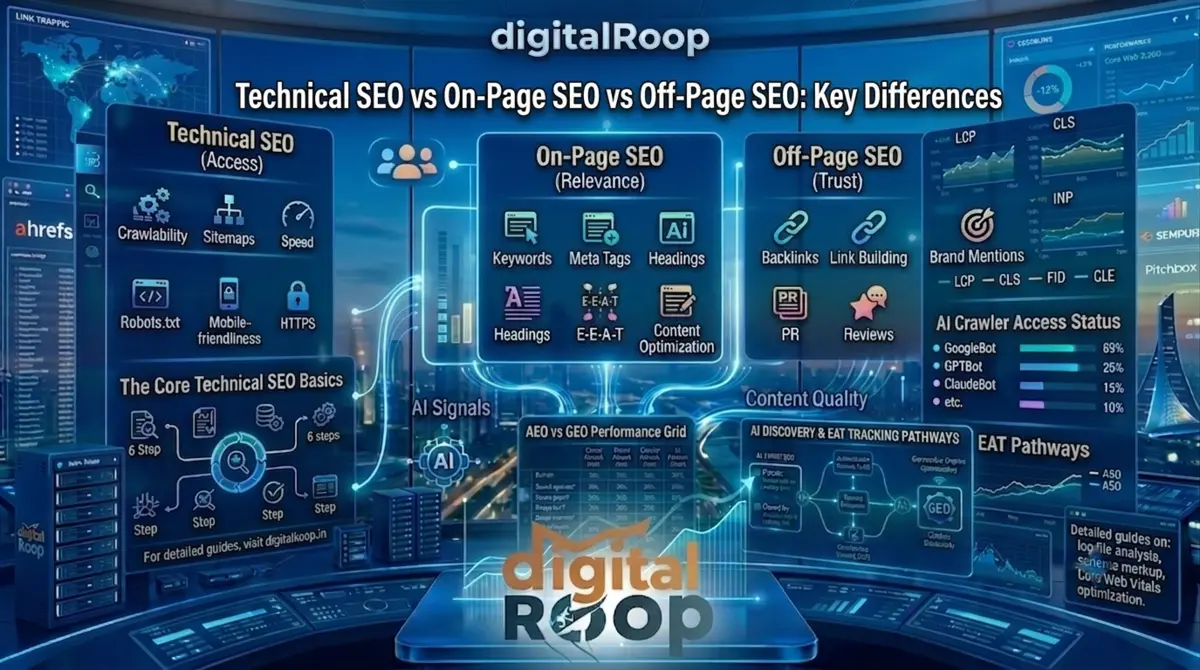 Technical SEO vs On Page SEO breakdown dashboard comparing site access, crawlability, keywords, and meta tags