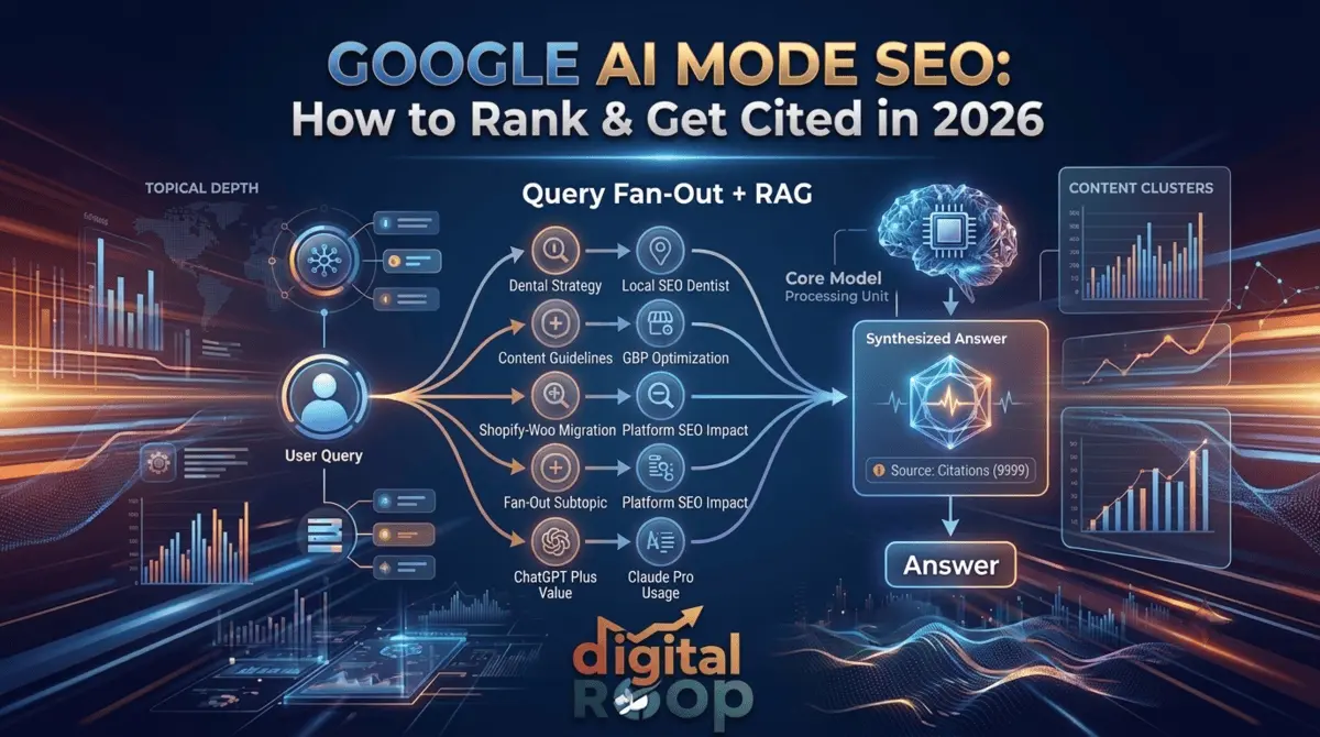 Diagram explaining Google AI Mode SEO tactics for 2026, including Query Fan-Out, Retrieval-Augmented Generation (RAG), and content cluster optimization.