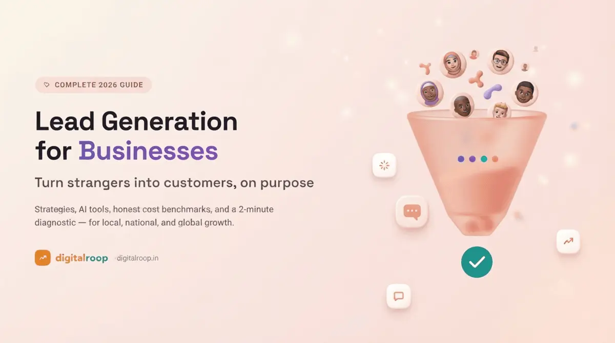 Infographic for lead generation for businesses offering strategies, AI tools, and cost benchmarks for local, national, and global growth.